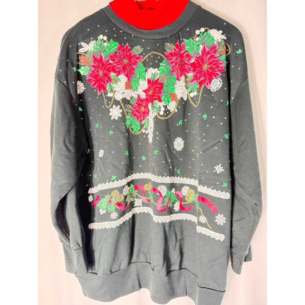 VTG American Spectator‎ Christmas Poinsettia Sweatshirt Black Red Mock Neck